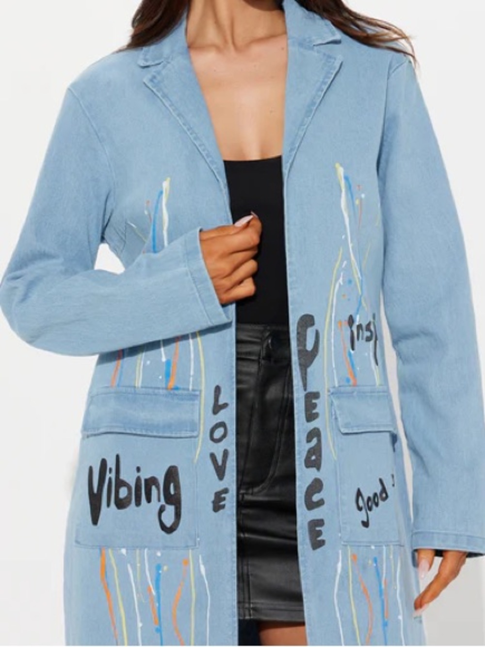 •Inspired• Light Wash Denim Duster Coat w/Graffiti Paint Splatter | Denim Trench - Picture 4 of 4